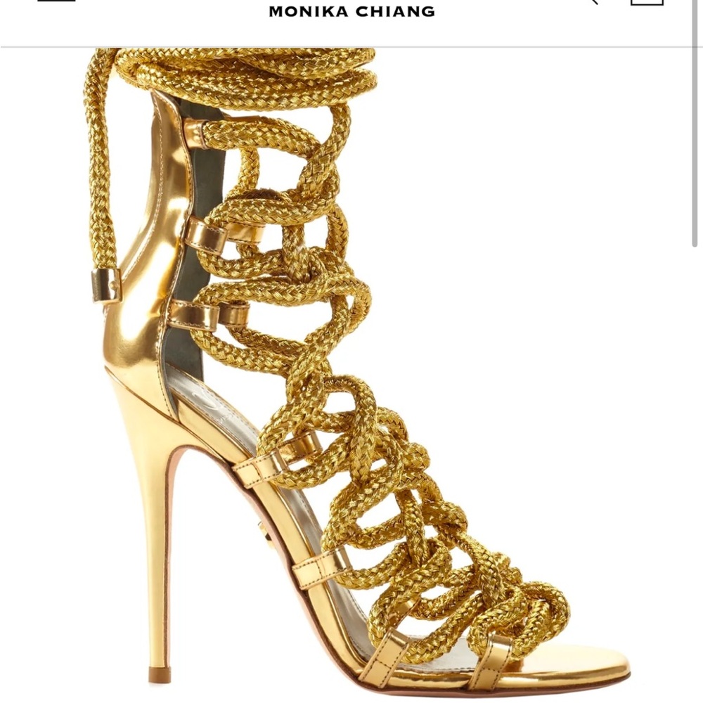 Monika Chiang Metallic Gold Braided Lace-Up Stiletto Sandal